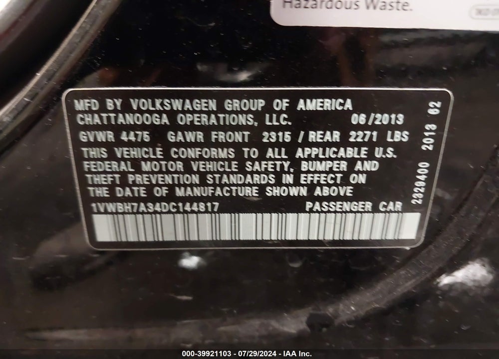 2013 VOLKSWAGEN PASSAT 2.5L SE VIN: 1VWBH7A34DC144817
