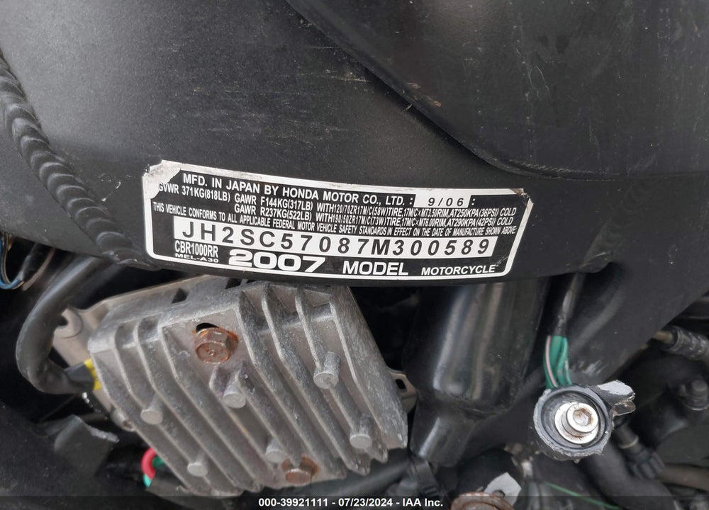 2007 HONDA CBR1000 RR VIN: JH2SC57087M300589