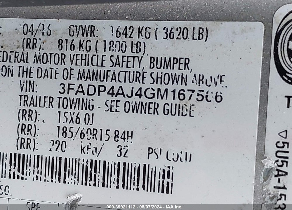 2016 FORD FIESTA S VIN: 3FADP4AJ4GM167566