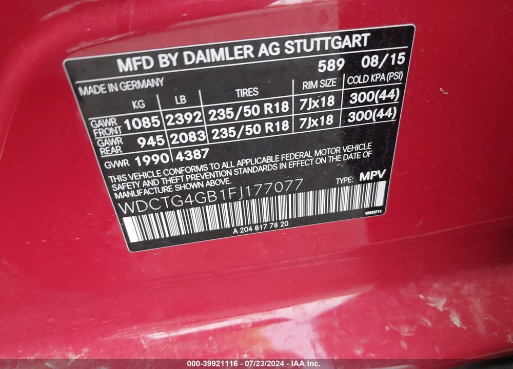 2015 MERCEDES-BENZ GLA 250 4MATIC VIN: WDCTG4GB1FJ177077