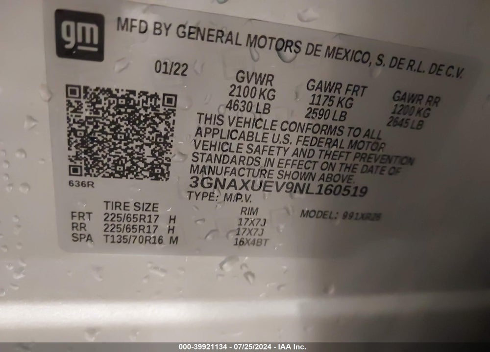 2022 CHEVROLET EQUINOX AWD LT VIN: 3GNAXUEV9NL160519