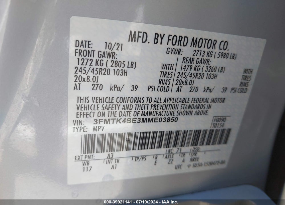 2021 FORD MUSTANG MACH-E GT VIN: 3FMTK4SE3MME03850