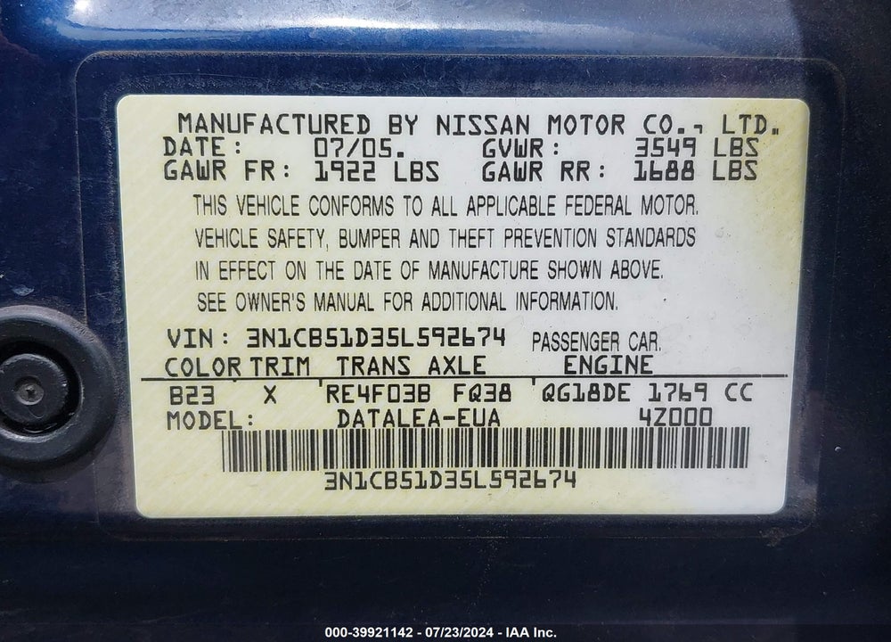 2005 NISSAN SENTRA 1.8S VIN: 3N1CB51D35L592674
