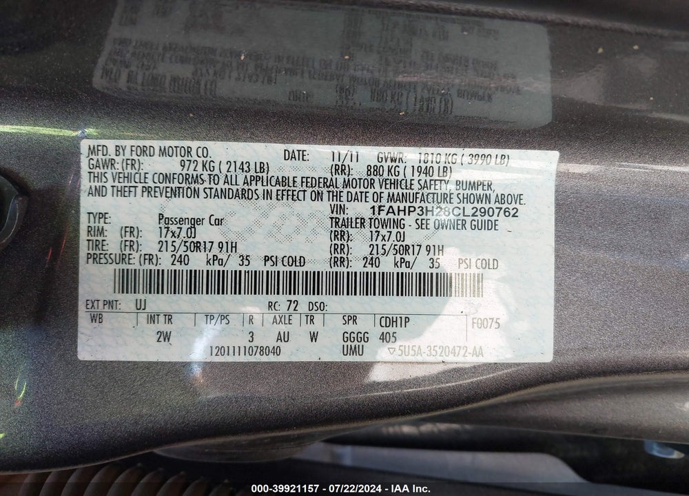 2012 FORD FOCUS SEL VIN: 1FAHP3H28CL290762