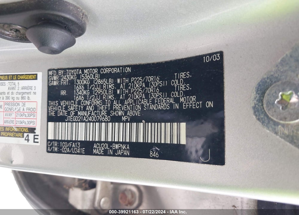 2004 TOYOTA HIGHLANDER VIN: JTEGD21A240079680