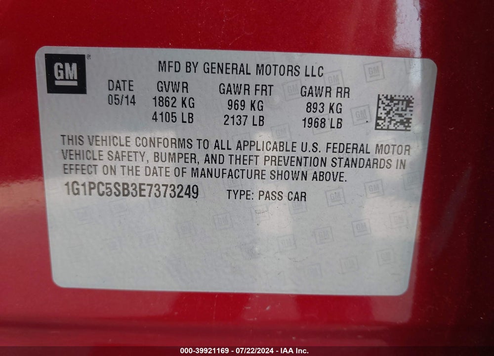 2014 CHEVROLET CRUZE 1LT AUTO VIN: 1G1PC5SB3E7373249
