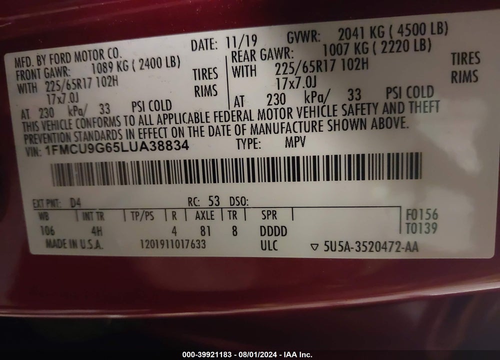 2020 FORD ESCAPE SE VIN: 1FMCU9G65LUA38834