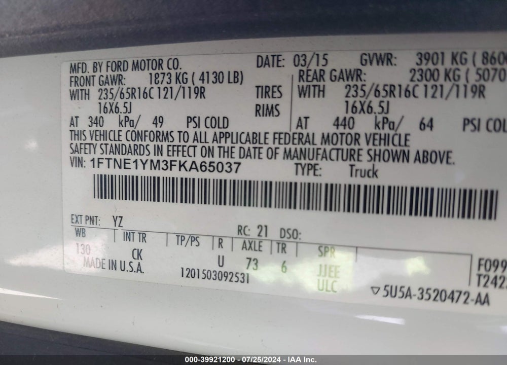 2015 FORD TRANSIT-150 VIN: 1FTNE1YM3FKA65037