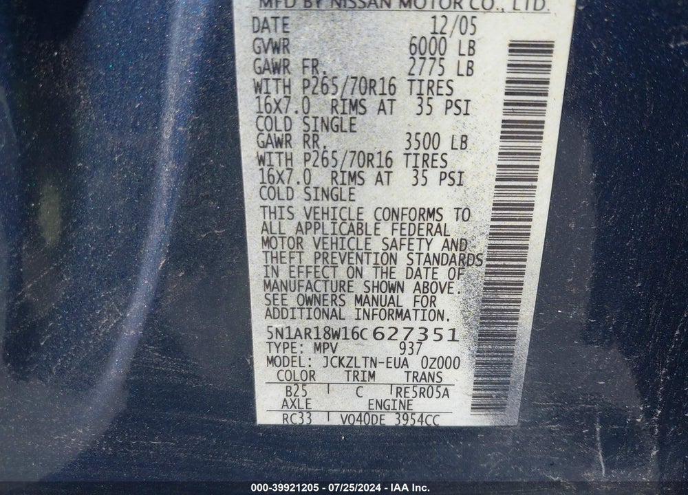 2006 NISSAN PATHFINDER SE VIN: 5N1AR18W16C627351