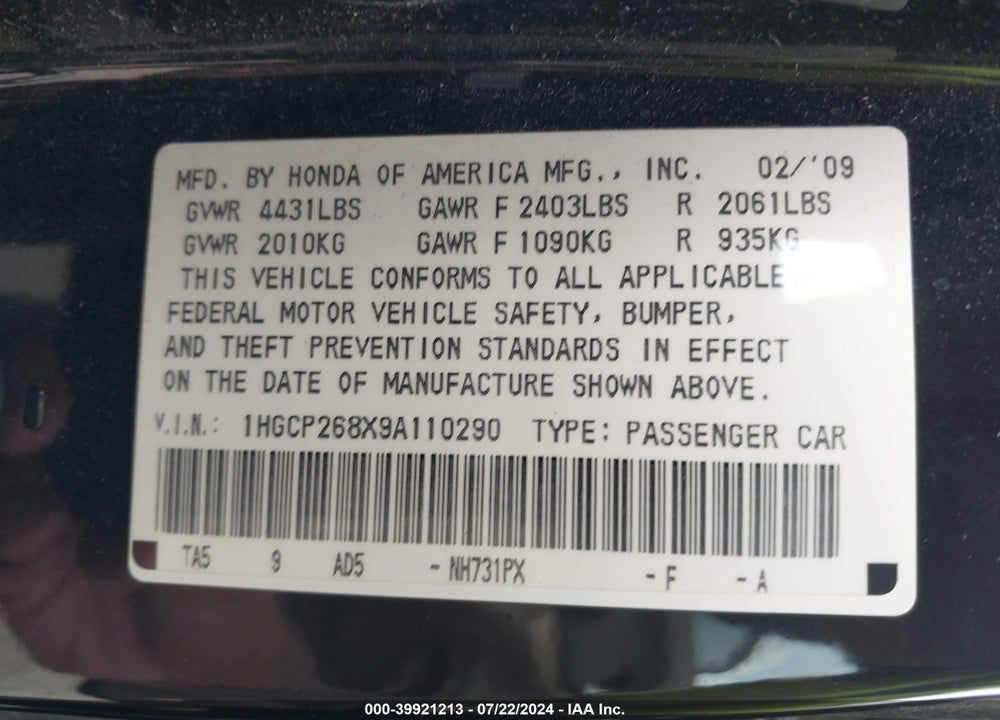 2009 HONDA ACCORD 2.4 EX-L VIN: 1HGCP268X9A110290