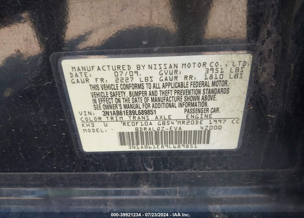 2009 NISSAN SENTRA 2.0 VIN: 3N1AB61E89L689851