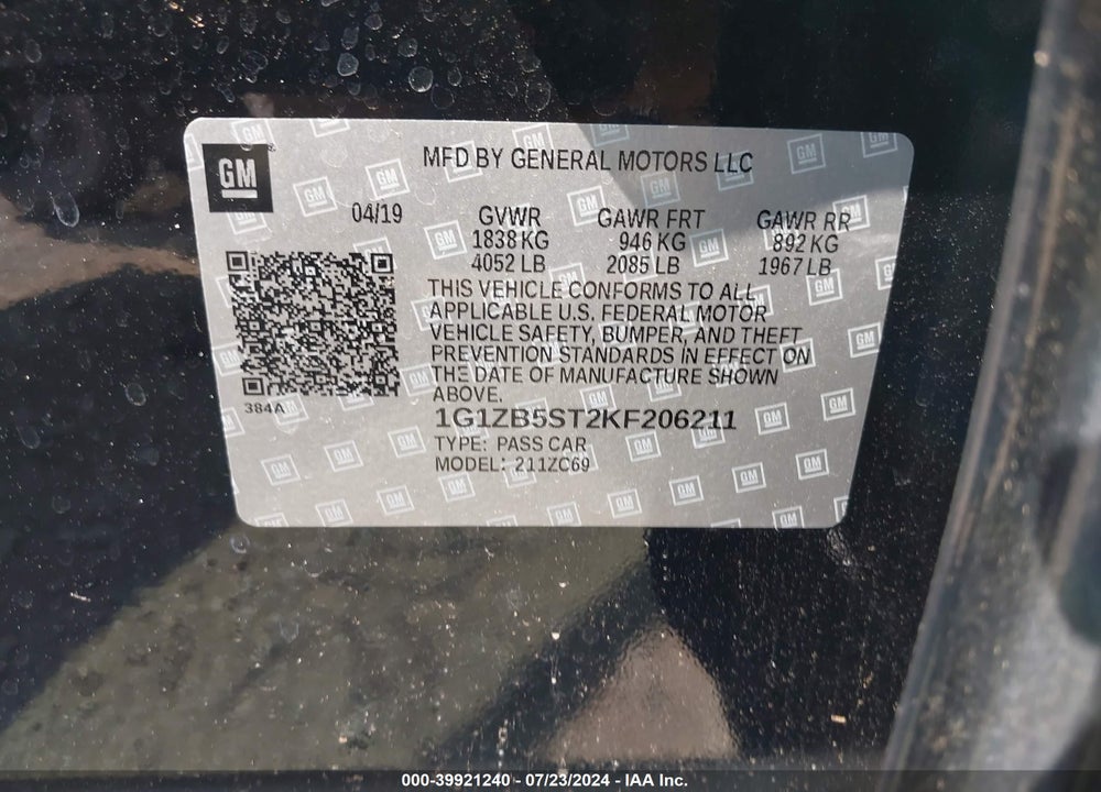 2019 CHEVROLET MALIBU 1LS VIN: 1G1ZB5ST2KF206211