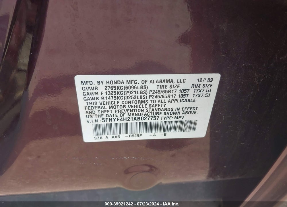 2010 HONDA PILOT LX VIN: 5FNYF4H21AB027757