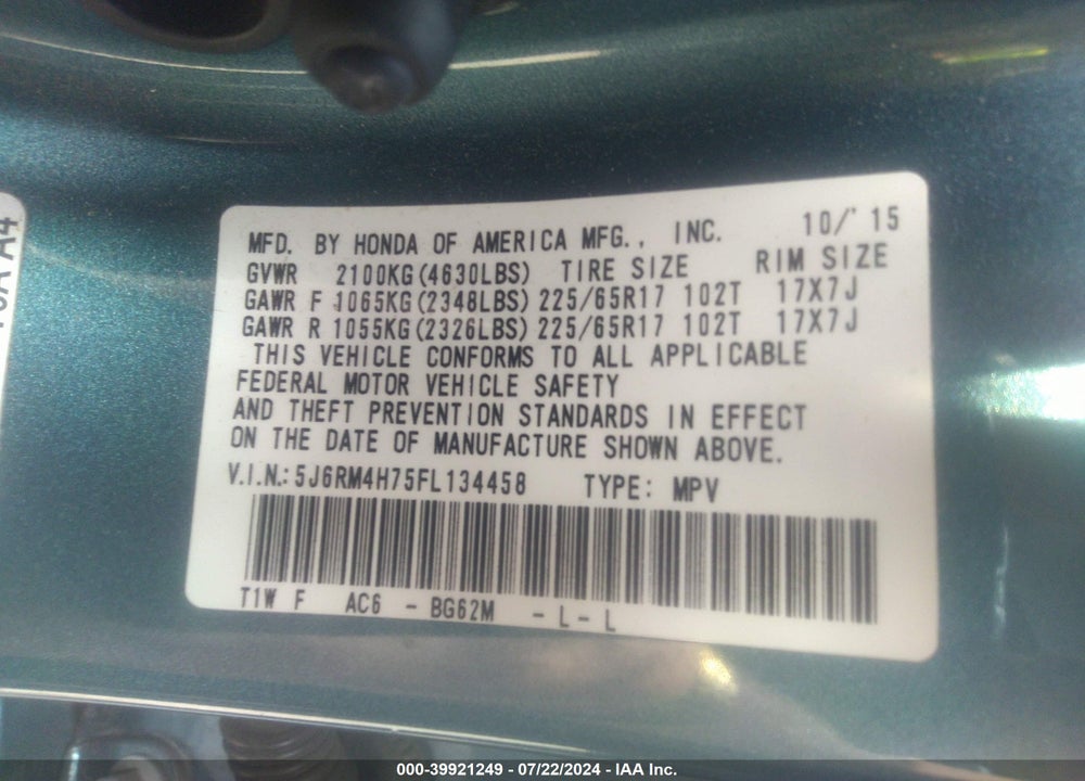 2015 HONDA CR-V EX-L VIN: 5J6RM4H75FL134458