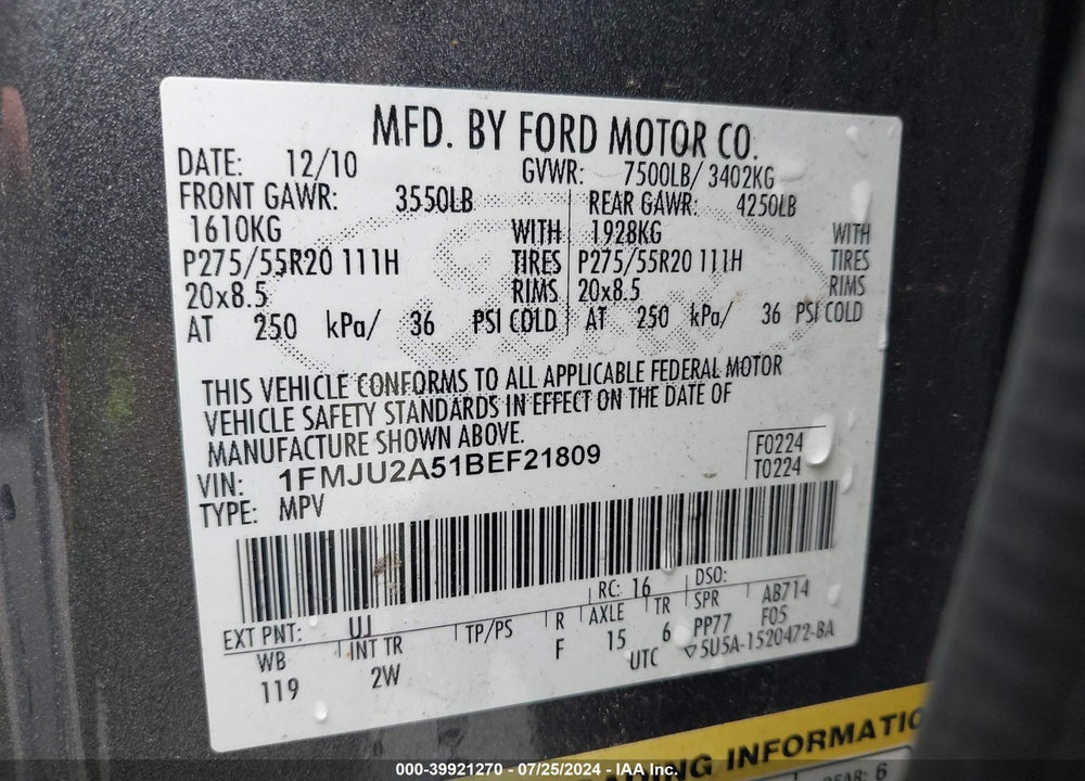 2011 FORD EXPEDITION LIMITED VIN: 1FMJU2A51BEF21809