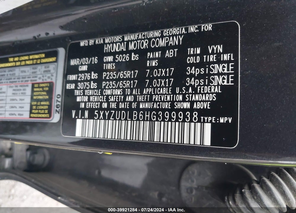 2017 HYUNDAI SANTA FE SPORT 2.4L VIN: 5XYZUDLB6HG399938