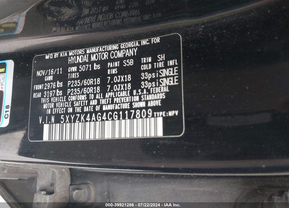2012 HYUNDAI SANTA FE LIMITED V6 VIN: 5XYZK4AG4CG117809