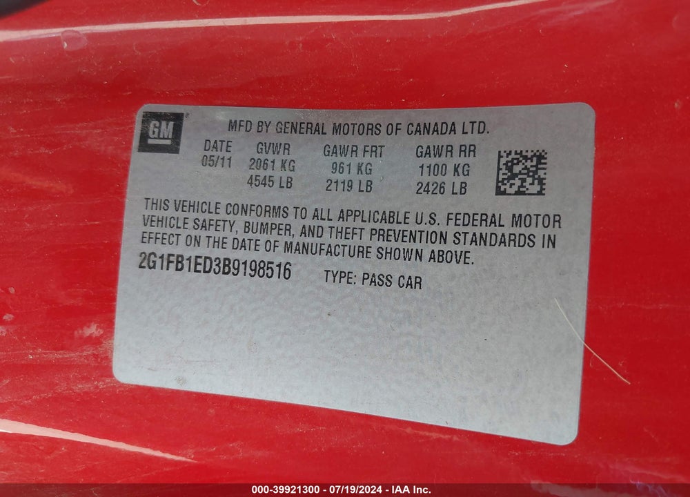 2011 CHEVROLET CAMARO 1LT VIN: 2G1FB1ED3B9198516