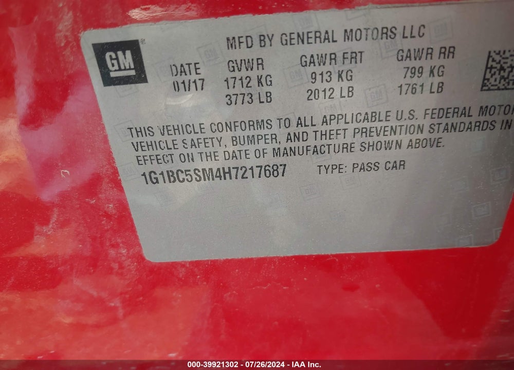 2017 CHEVROLET CRUZE VIN: 1G1BC5SM4H7217687