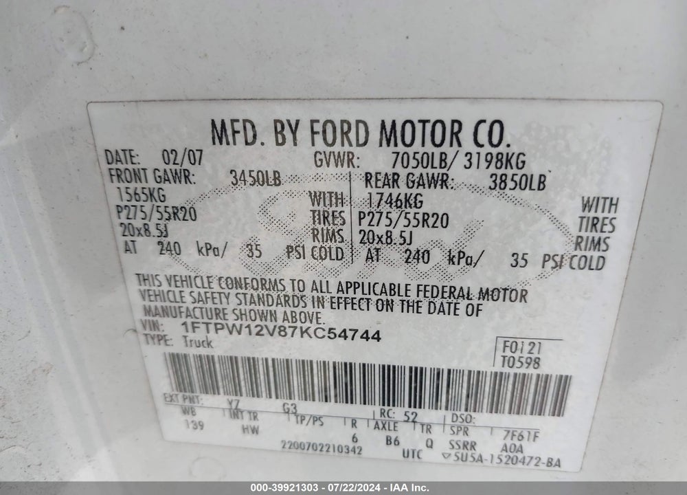 2007 FORD F-150 LARIAT/XLT VIN: 1FTPW12V87KC54744