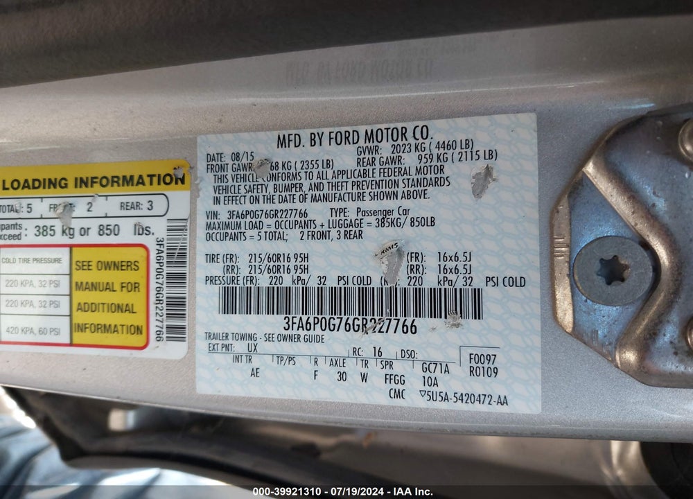 2016 FORD FUSION S VIN: 3FA6P0G76GR227766