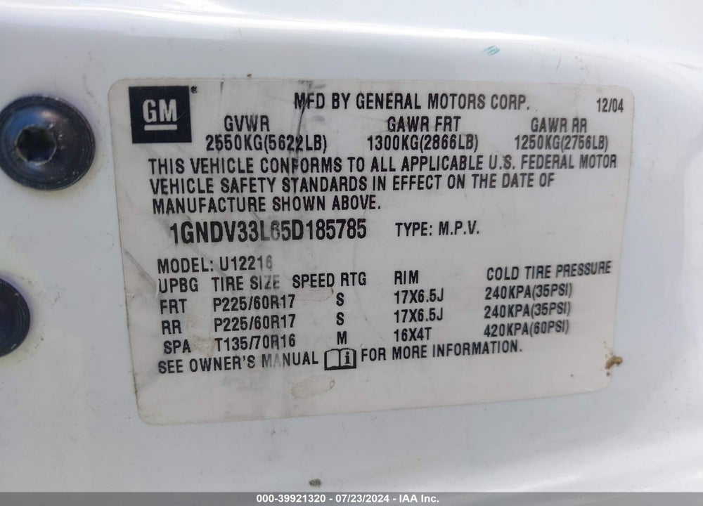 2005 CHEVROLET UPLANDER LT VIN: 1GNDV33L65D185785