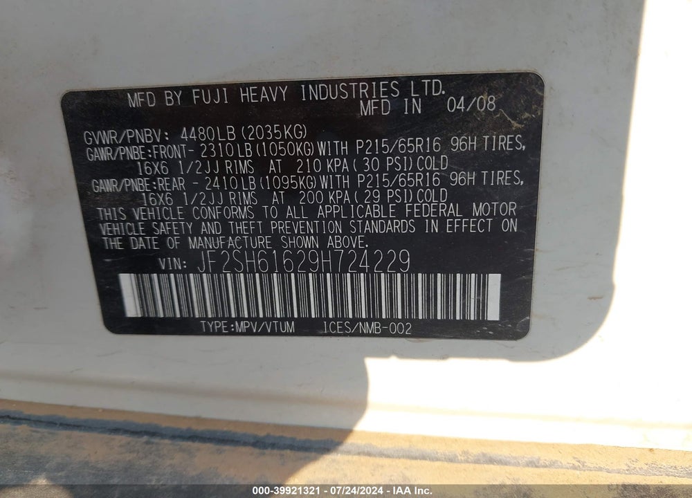 2009 SUBARU FORESTER 2.5X VIN: JF2SH61629H724229