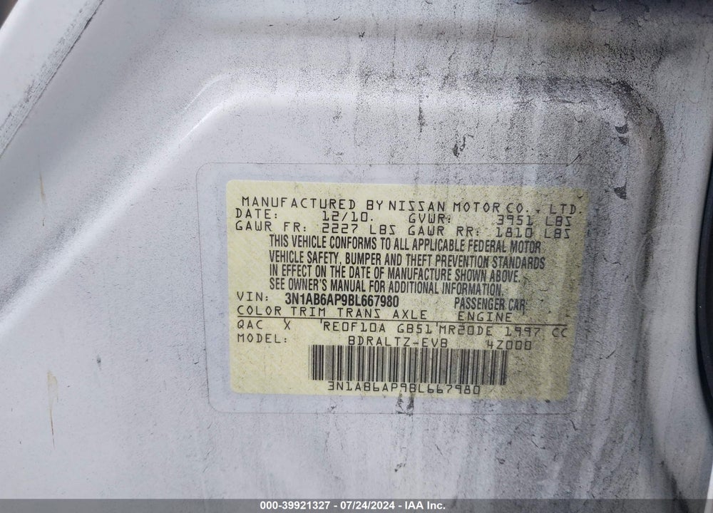 2011 NISSAN SENTRA 2.0S VIN: 3N1AB6AP9BL667980