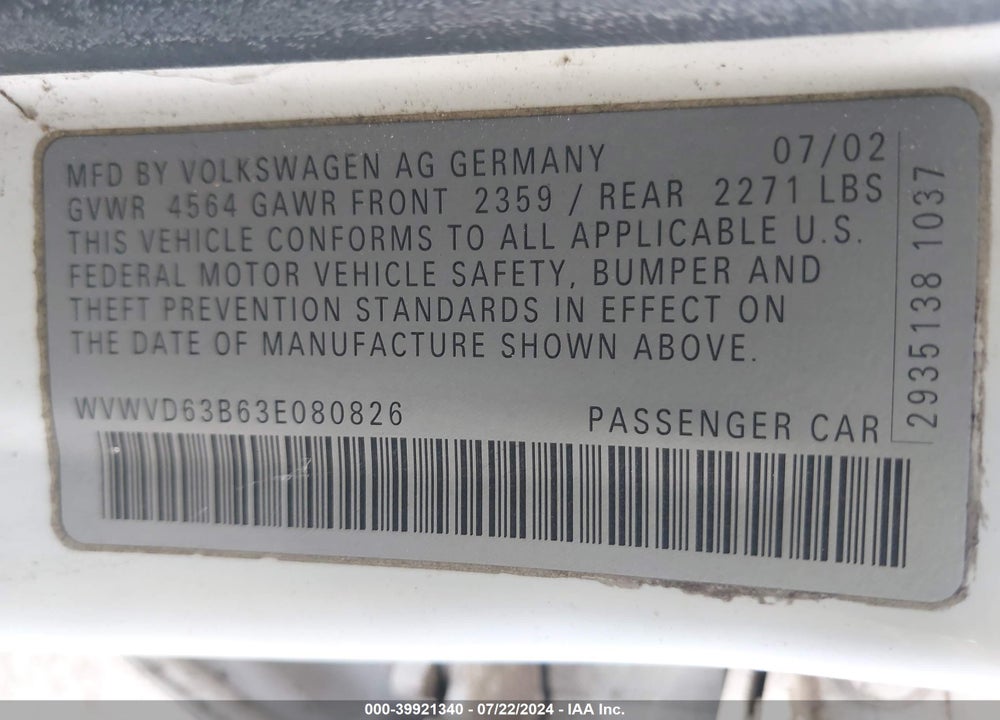 2003 VOLKSWAGEN PASSAT GLS VIN: WVWVD63B63E080826