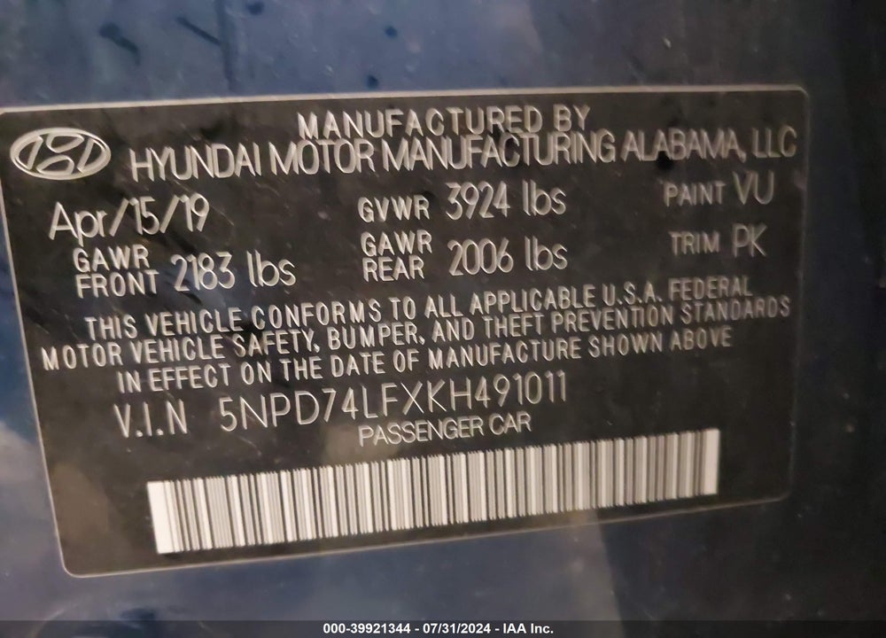2019 HYUNDAI ELANTRA VIN: 5NPD74LFXKH491011