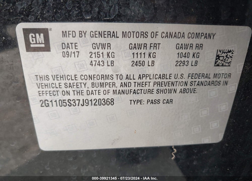 2018 CHEVROLET IMPALA 1LT VIN: 2G1105S37J9120368