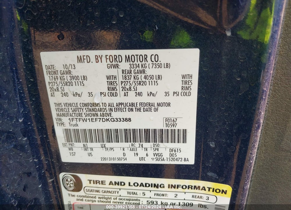 2013 FORD F-150 VIN: 1FTFW1EF7DKG33388