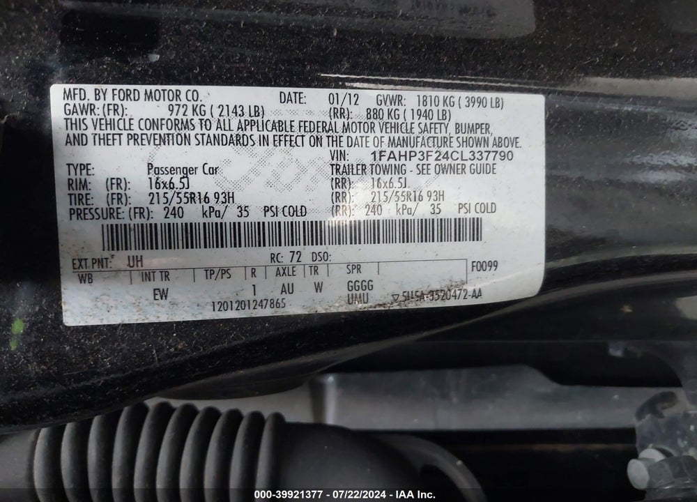2012 FORD FOCUS SE VIN: 1FAHP3F24CL337790