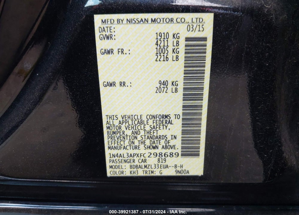 2015 NISSAN ALTIMA 2.5 SV VIN: 1N4AL3APXFC298689
