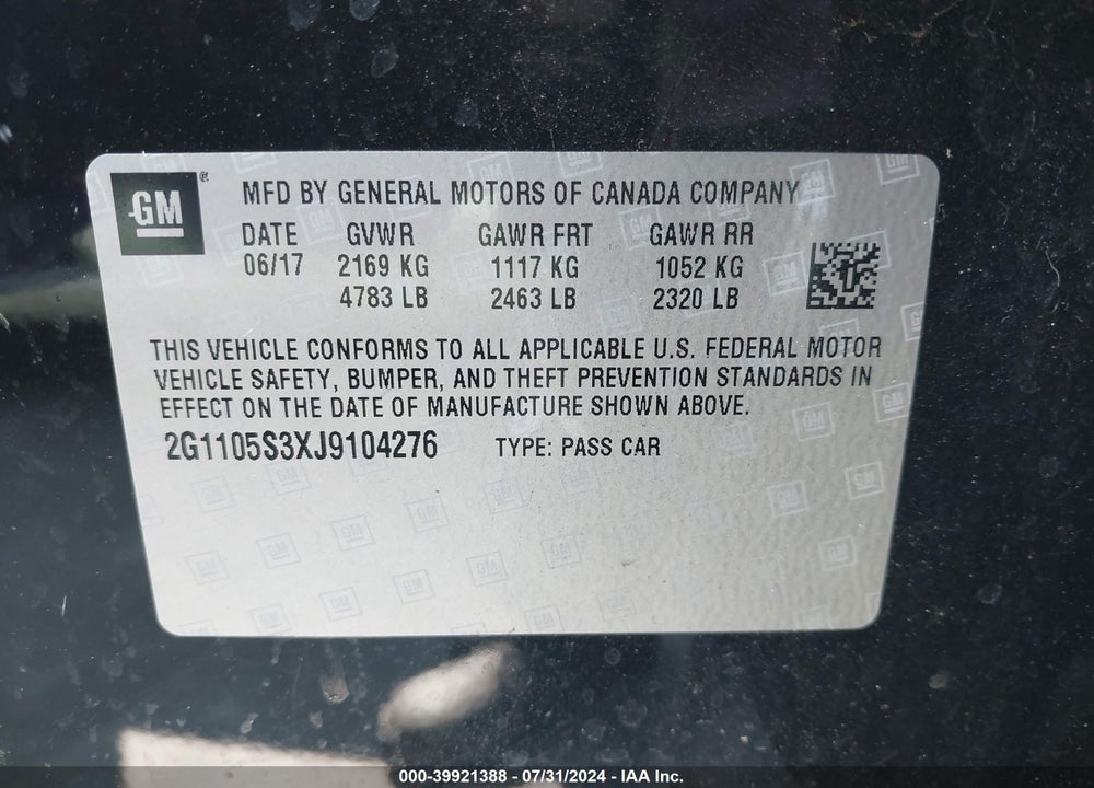 2018 CHEVROLET IMPALA 1LT VIN: 2G1105S3XJ9104276