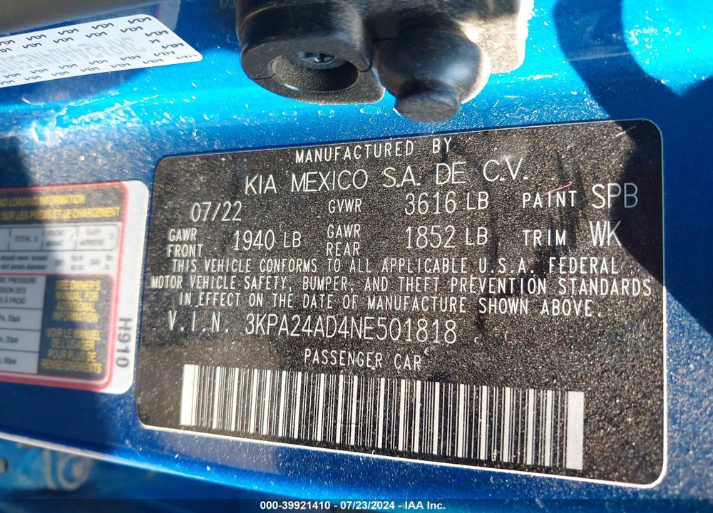 2022 KIA RIO S VIN: 3KPA24AD4NE501818