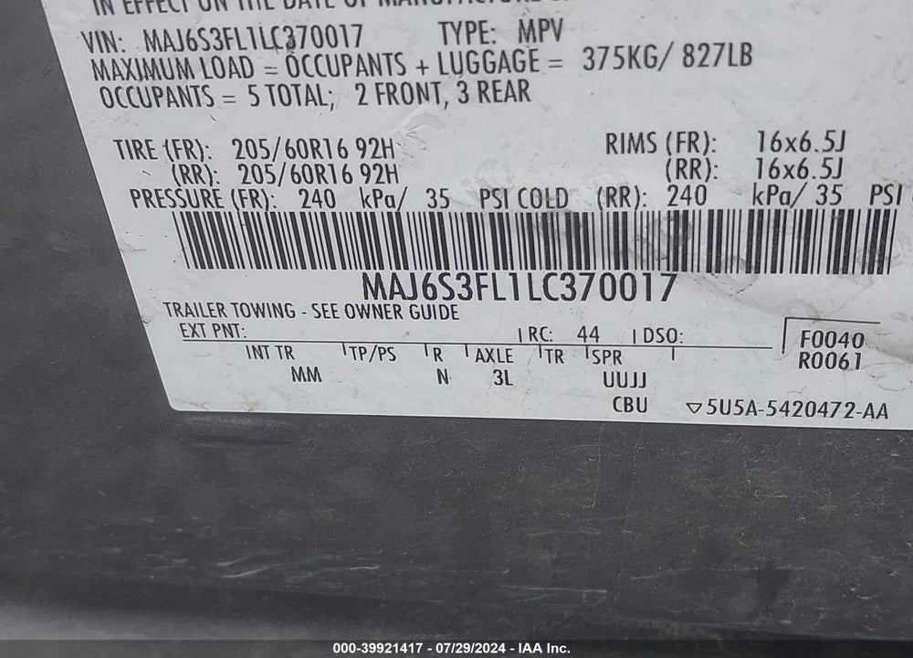 2020 FORD ECOSPORT S VIN: MAJ6S3FL1LC370017