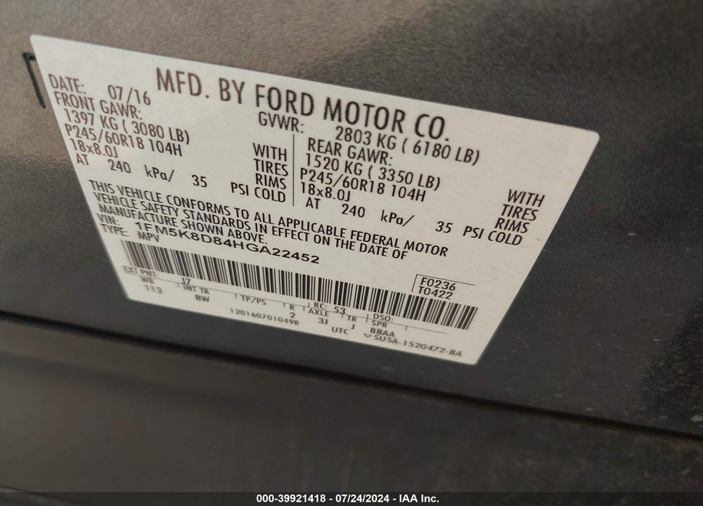 2017 FORD EXPLORER XLT VIN: 1FM5K8D84HGA22452