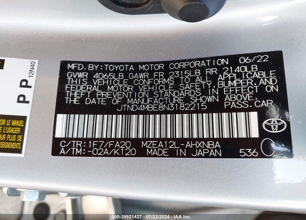 2022 TOYOTA COROLLA SE VIN: JTND4MBE8N3182215