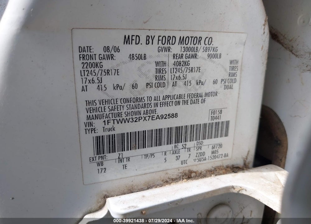 2007 FORD F-350 LARIAT/XL/XLT VIN: 1FTWW32PX7EA92588