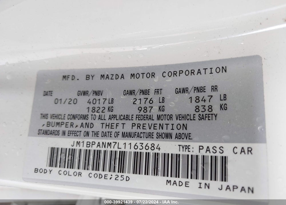 2020 MAZDA 3 PREMIUM PACKAGE VIN: JM1BPANM7L1163684