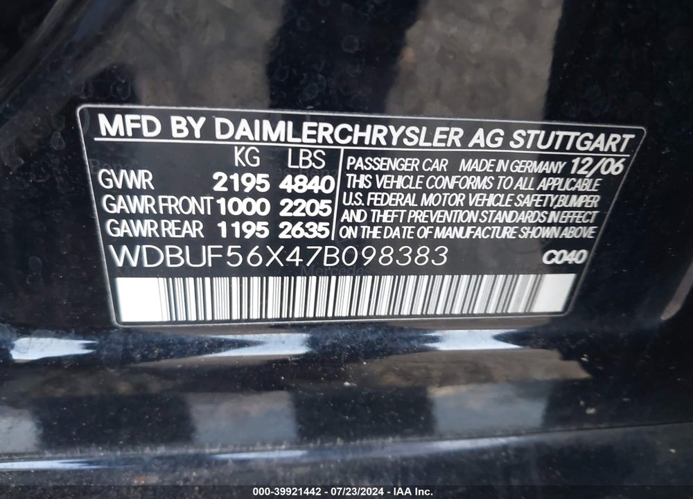2007 MERCEDES-BENZ E 350 VIN: WDBUF56X47B098383