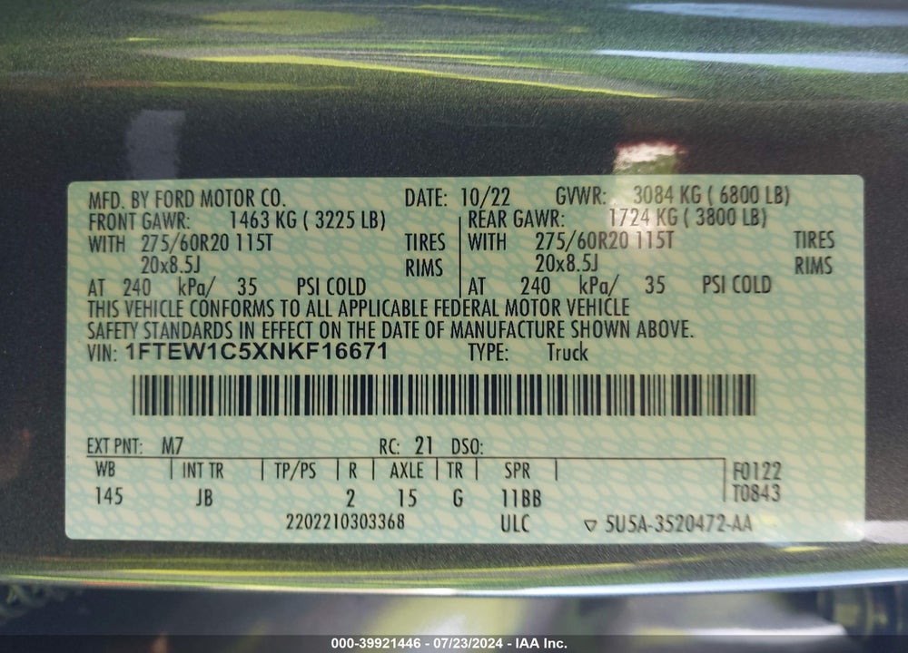 2022 FORD F-150 XL VIN: 1FTEW1C5XNKF16671