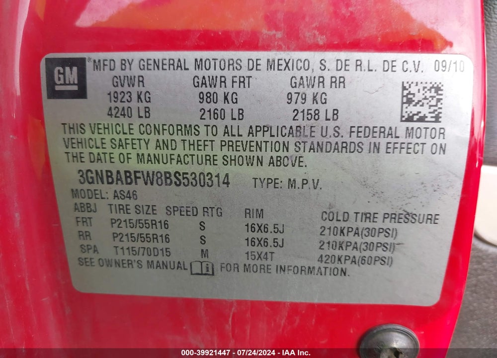 2011 CHEVROLET HHR LT VIN: 3GNBABFW8BS530314