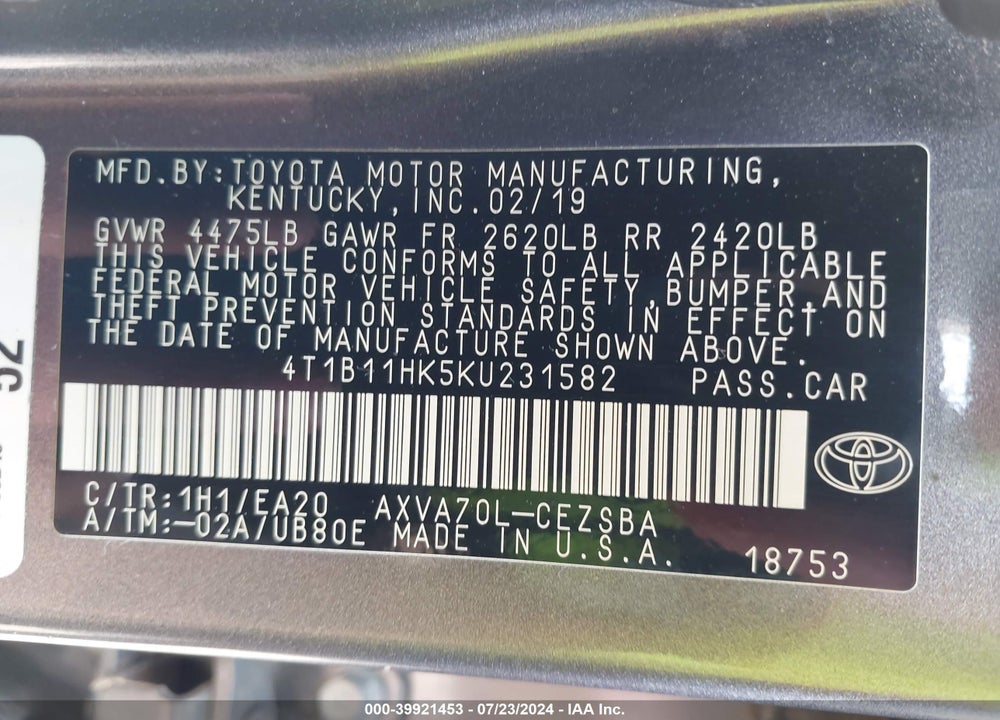 2019 TOYOTA CAMRY SE VIN: 4T1B11HK5KU231582