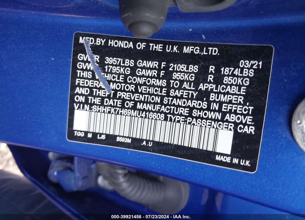 2021 HONDA CIVIC VIN: SHHFK7H69MU416608