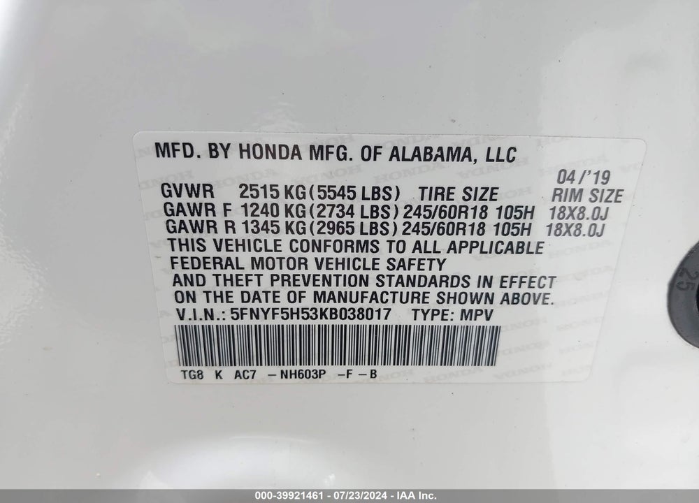 2019 HONDA PILOT EX-L VIN: 5FNYF5H53KB038017