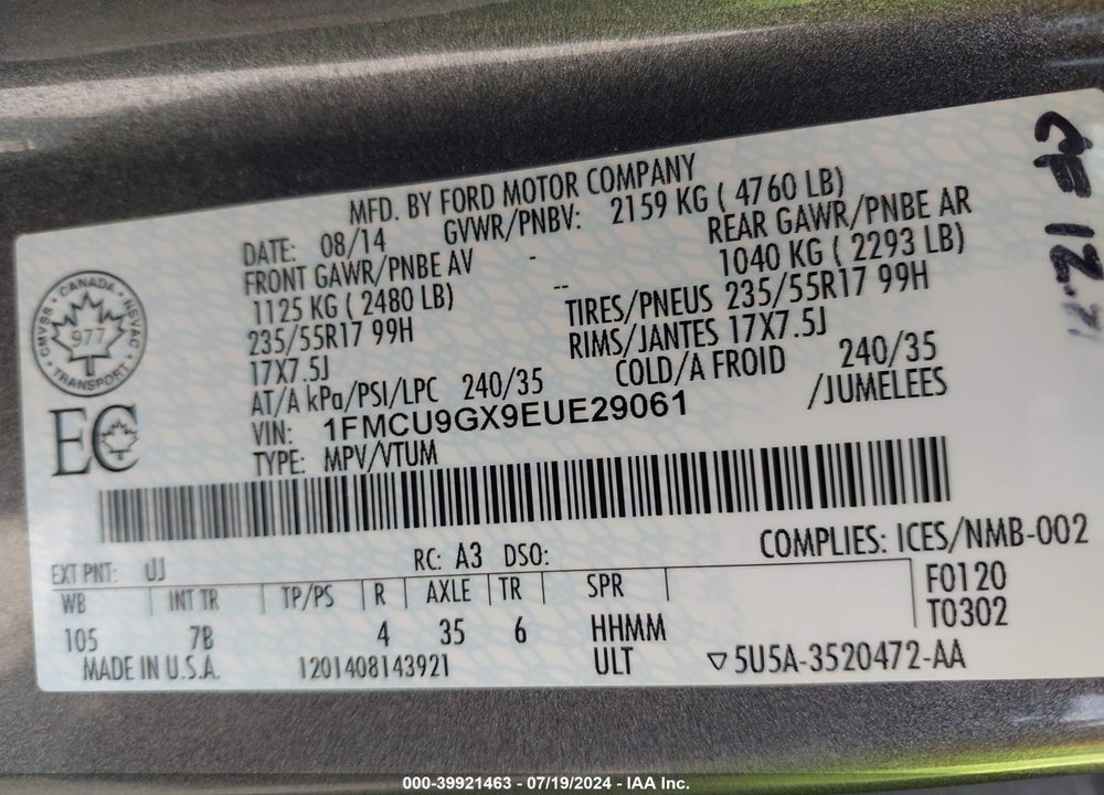 2014 FORD ESCAPE SE VIN: 1FMCU9GX9EUE29061