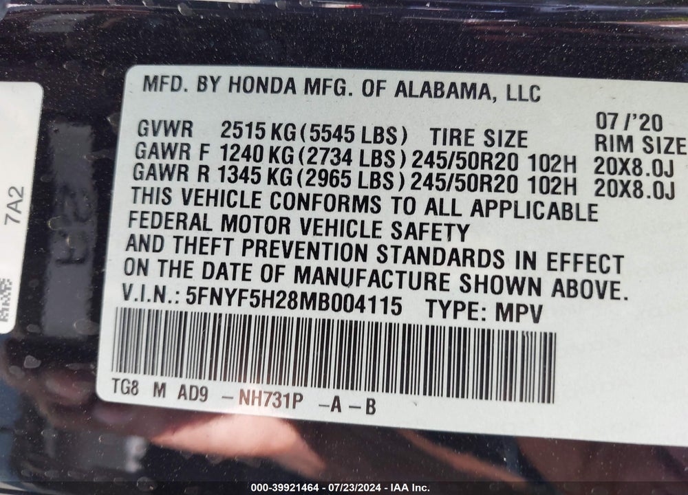 2021 HONDA PILOT 2WD SPECIAL EDITION VIN: 5FNYF5H28MB004115