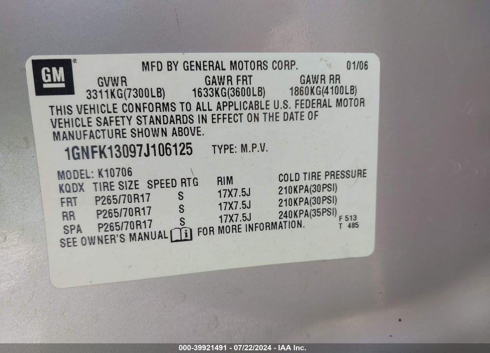 2007 CHEVROLET TAHOE LT VIN: 1GNFK13097J106125